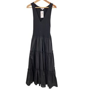 Evereve Arya Mixed Media Dress Womens Size Large Black Sleeveless Tiered Maxi